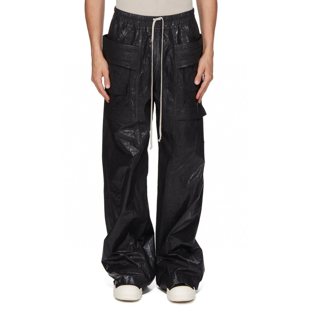Rick Owens DRKSHDW Men's Spring Summer Waxed Double Loop Wide Leg Trousers Black High Street Shiny Loose Drawstring Straight Leg Trousers Drawstring Pants  Ngvp #1346