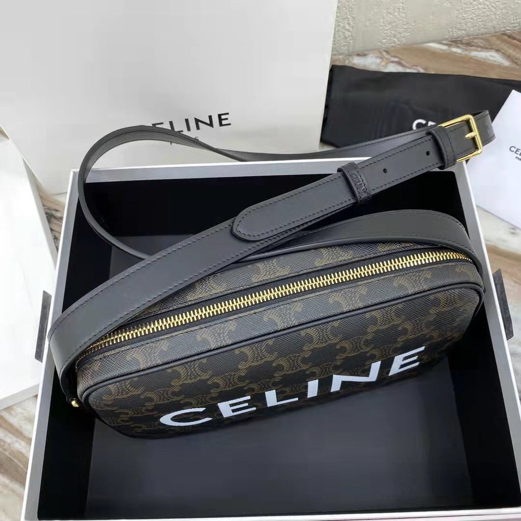 Celine Triomphe Men's Black Zipper Closure Printed Canvas Calfskin Shoulder Crossbody Bag Bags #75812