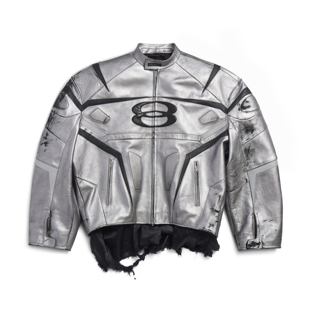 Balenciaga Men's Women's Autumn And Winter Cowhide Old Splicing Unity Sports Idol Silver Zipper Standing Collar Long Sleeve Loose Racer Jacket Ngvp #8579