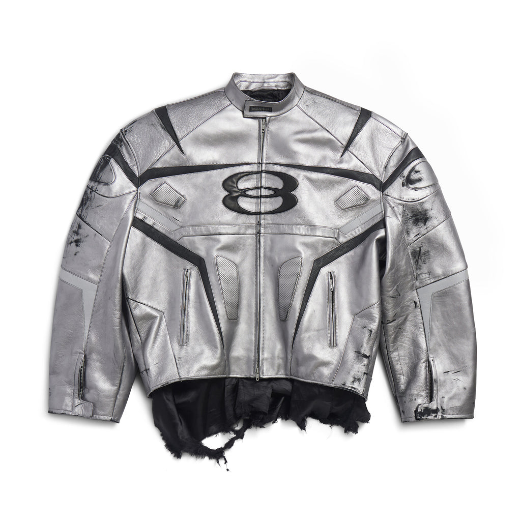Balenciaga Men's Women's Autumn And Winter Cowhide Old Splicing Unity Sports Idol Silver Zipper Standing Collar Long Sleeve Loose Racer Jacket Ngvp #8579