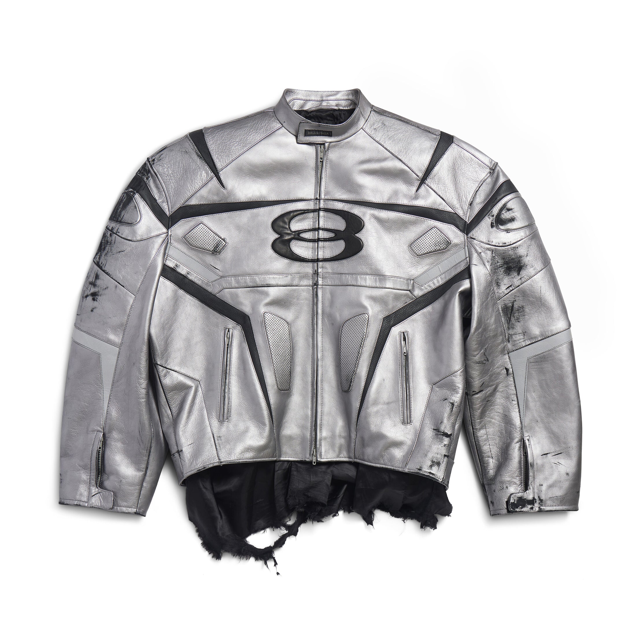 Balenciaga Men's Women's Autumn And Winter Cowhide Old Splicing Unity Sports Idol Silver Zipper Standing Collar Long Sleeve Loose Racer Jacket Ngvp #8579