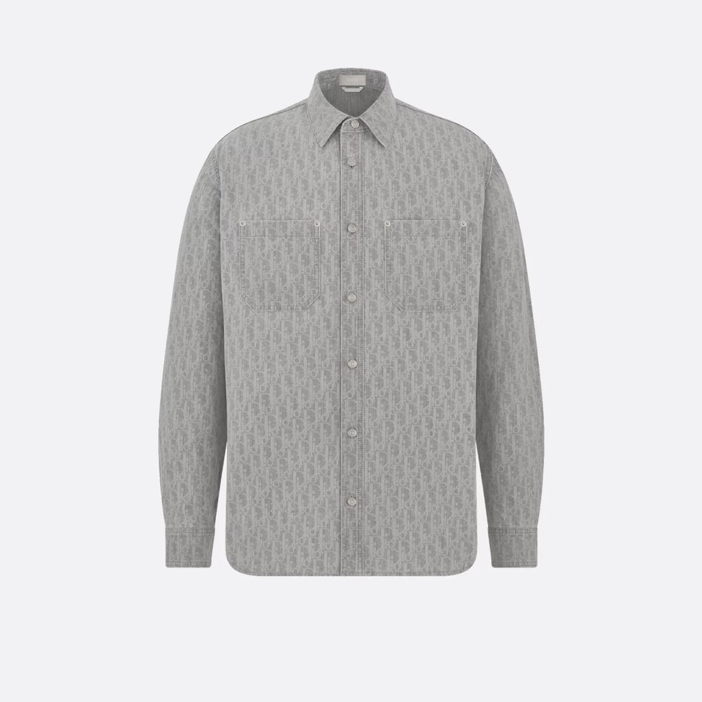 DIOR Men's Grey Cotton Denim Oblique Printed Shirt Blouse Spring Autumn Lapel Single Breasted Fashion Casual Jacket Shirt #71845