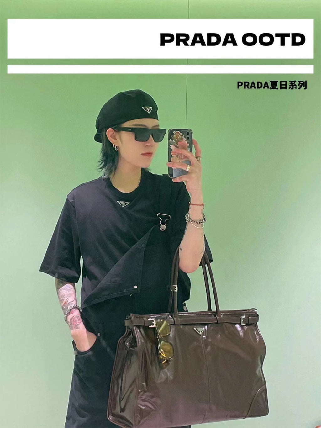 PRADA (42CM) LusGolf Oiled Leather 1BA439 Extra Large Portable Crossbody Bags Shoulder Bag Handbag #194092