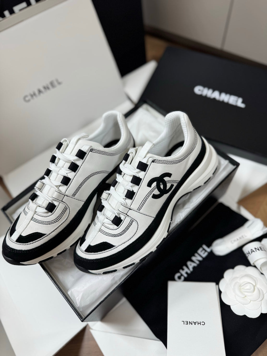 CHANEL Sneakers Calfskin Suede Calfskin White Black #381217