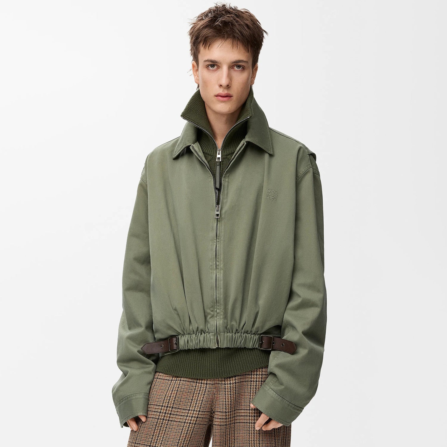 Loewe Men's And Women's Spring/fall Fashion Casual Solid-color Lapel Zipper Cotton Satin Fabric Waist Tapered Jacket  Elastic Waist Straight Leg Pants Suit Set #79174