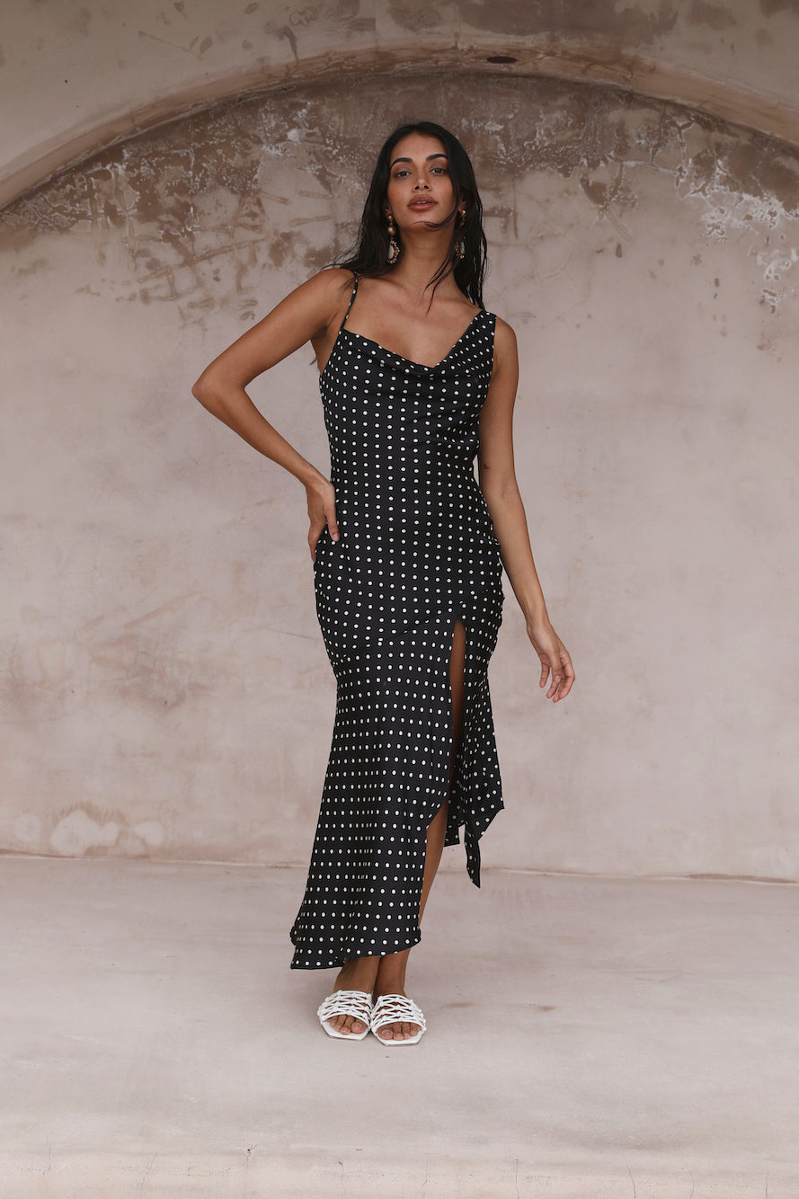 HELLO MOLLY Dotted Moment Satin Polka Dot Midi Dress Black