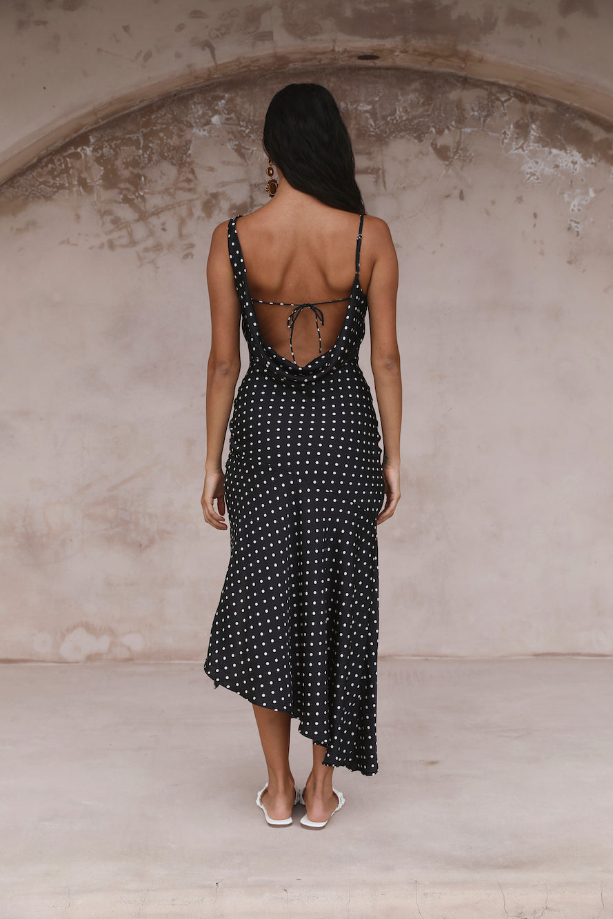 HELLO MOLLY Dotted Moment Satin Polka Dot Midi Dress Black