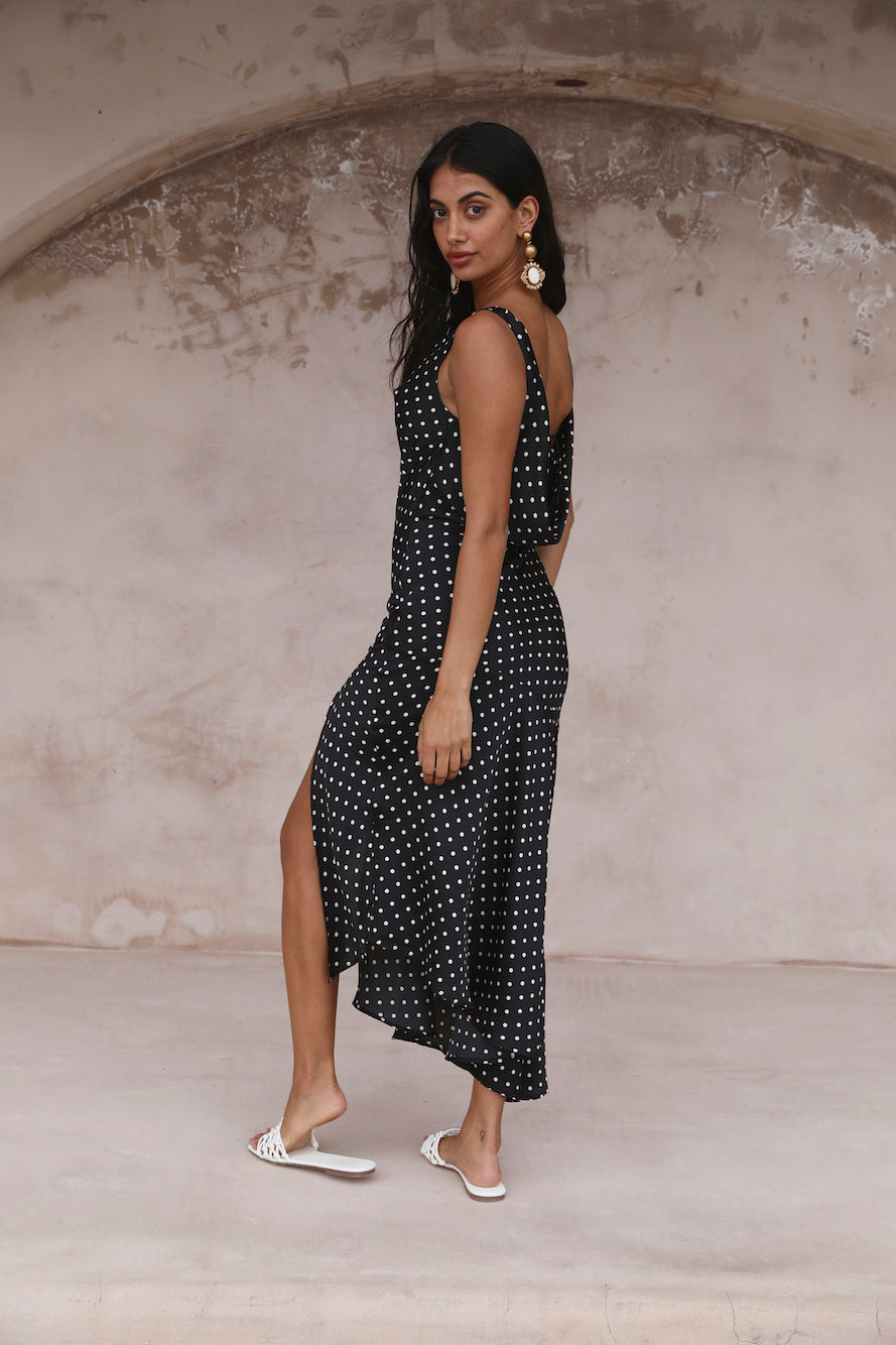 HELLO MOLLY Dotted Moment Satin Polka Dot Midi Dress Black