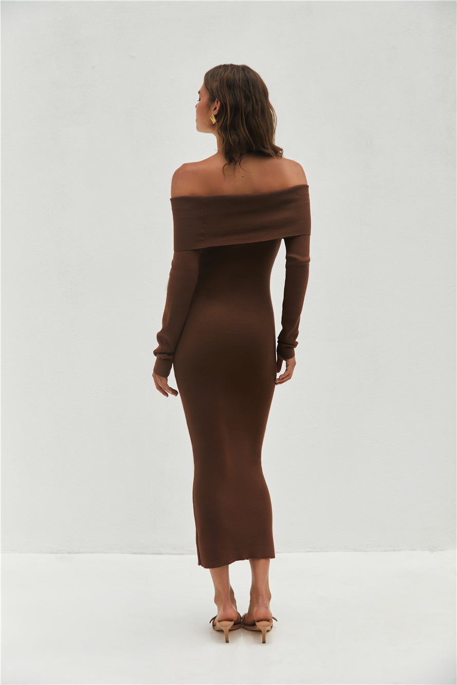 Angels Sing Off Shoulder Knit Maxi Dress Chocolate