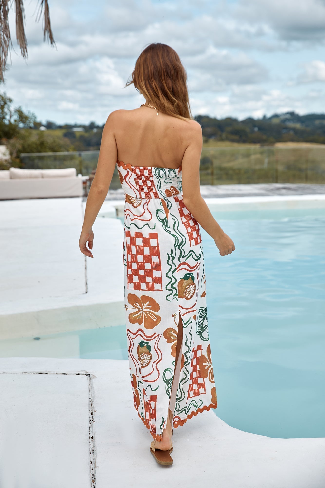 Hawaiian Retreat Strapless Maxi Dress Orange