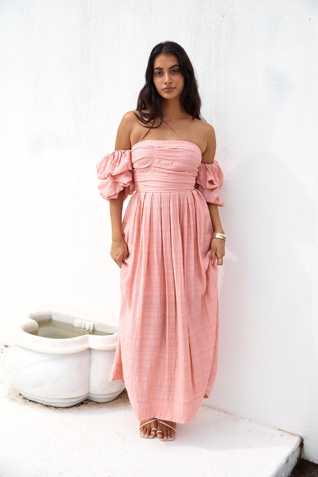 High Tea Off Shoulder Maxi Dress Pink