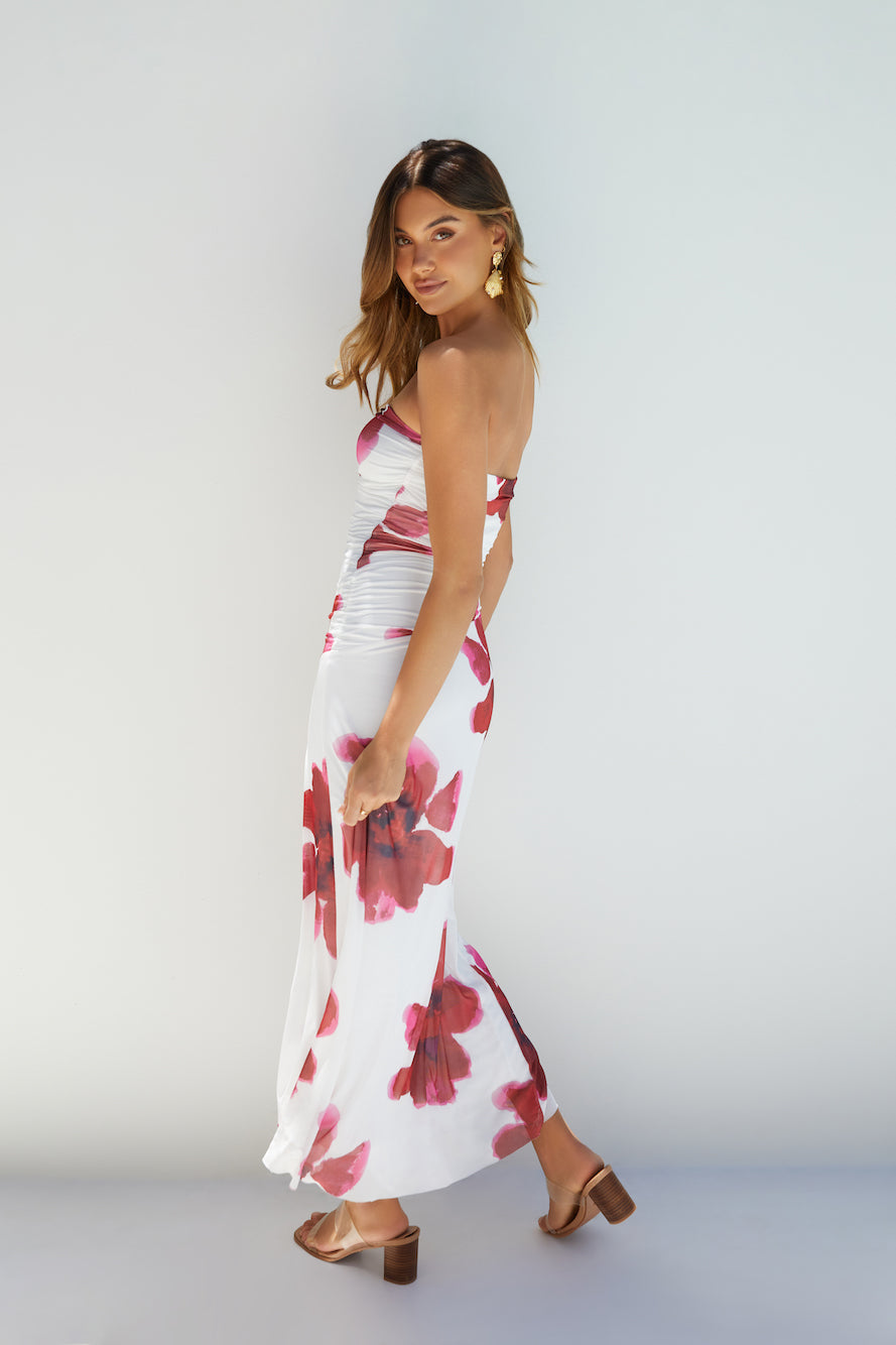 Amara Bloom Strapless Midi Dress Red