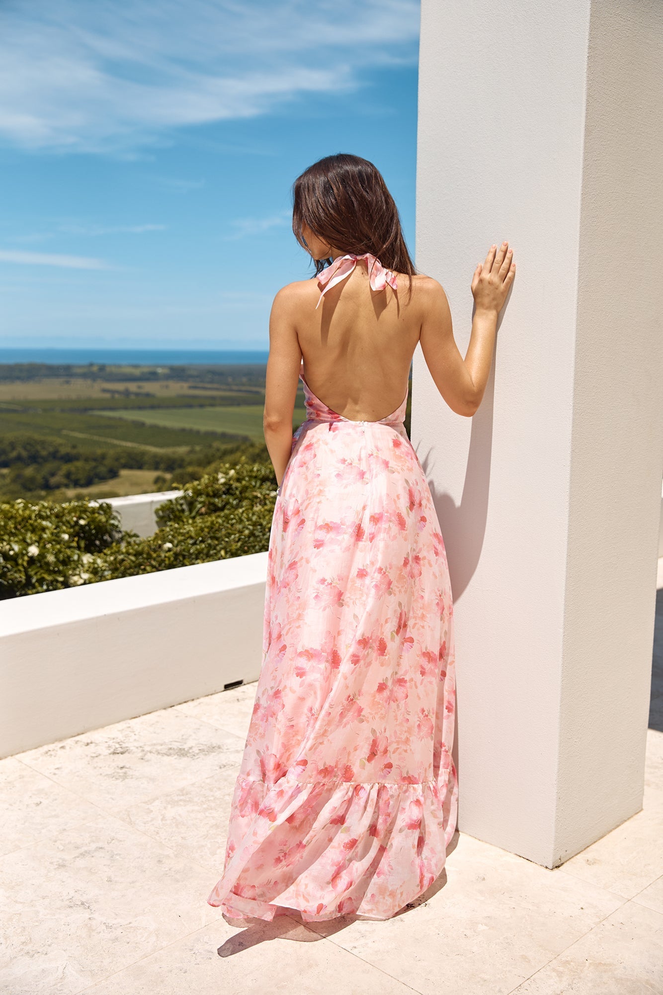 Palm Tree Island Halter Maxi Dress Pink