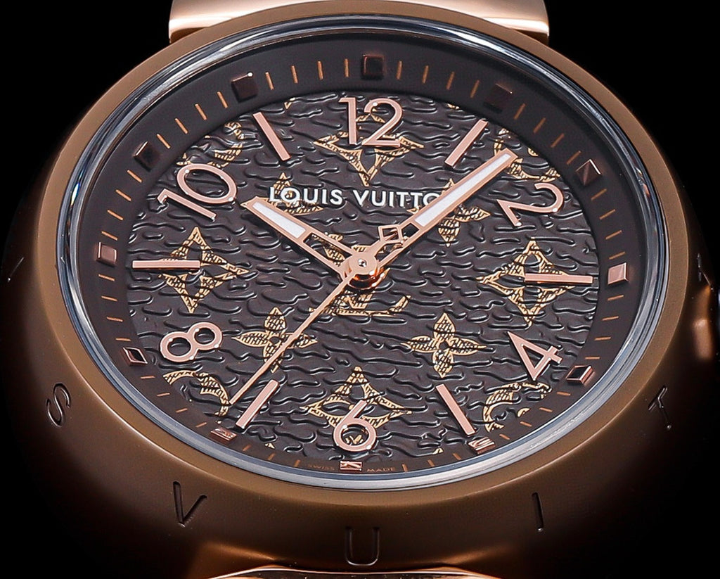 Louis Vuitton Tambour Monogram Watch Quartz Movement Canvas Strap 34mm Tan Dial 100m Water Resistant #98642