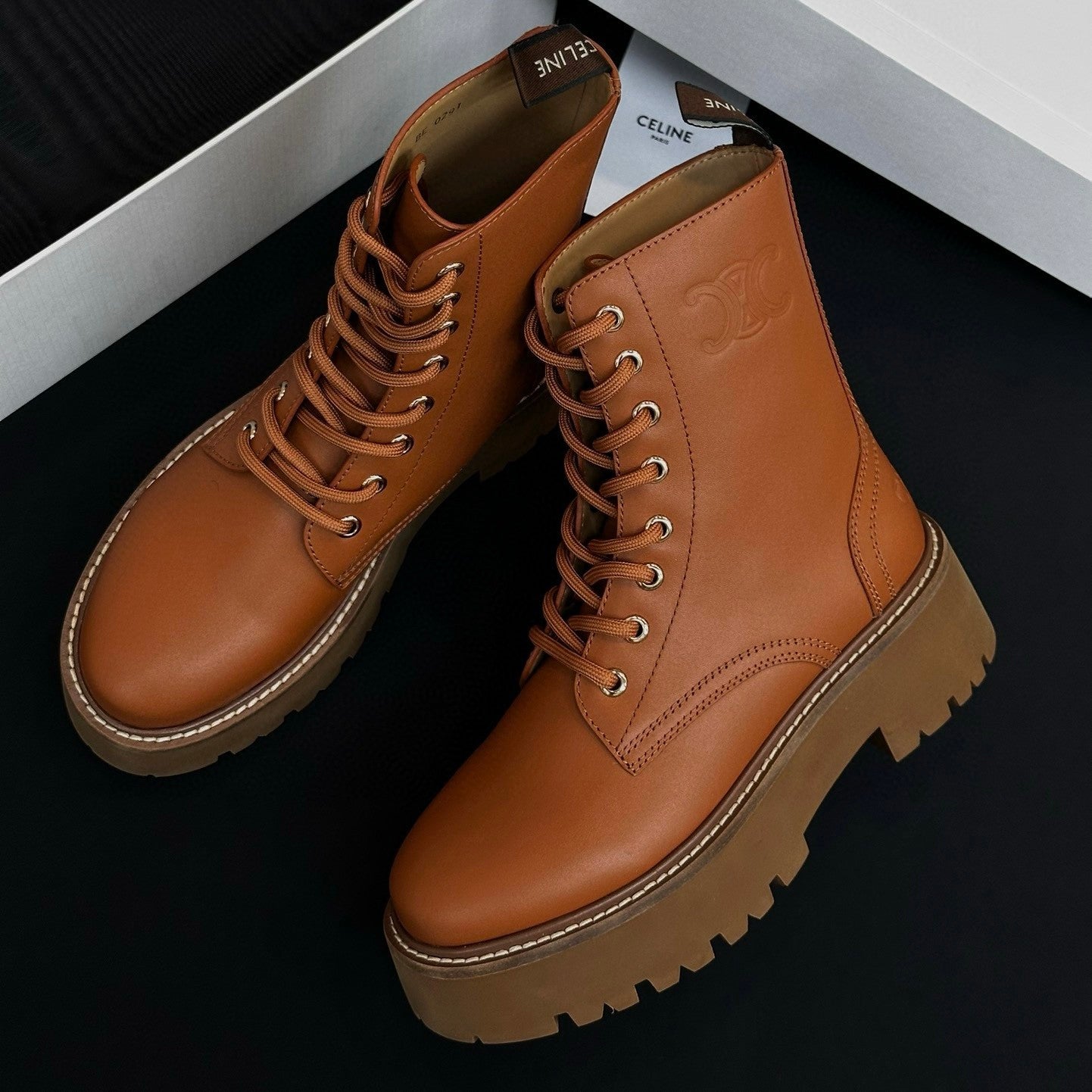 Celine Women's Spring/Fall Fashion Classic Nylon Glossy Leather Lace Up Thick Sole Martin Boots Short Boots Shoes #78277