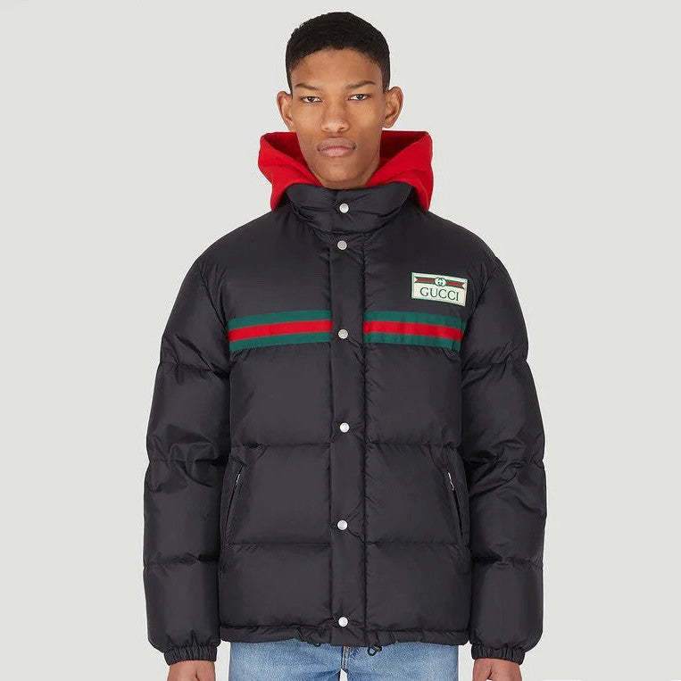 Gucci Men's And Women's Winter Fashion Casual High Neck Single Button Red Green Striped Webbing Contrast Collar Detachable Sleeves Down Jacket #79374