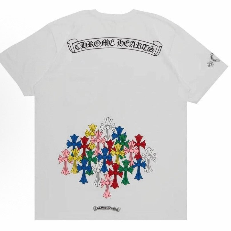 Chrome Hearts Men's Women's Summer Tide Sanskrit Letters Colourful Cross Logo Short-Sleeved T-Shirt Round Neck Short-Sleeved Casual T-Shirt #81147