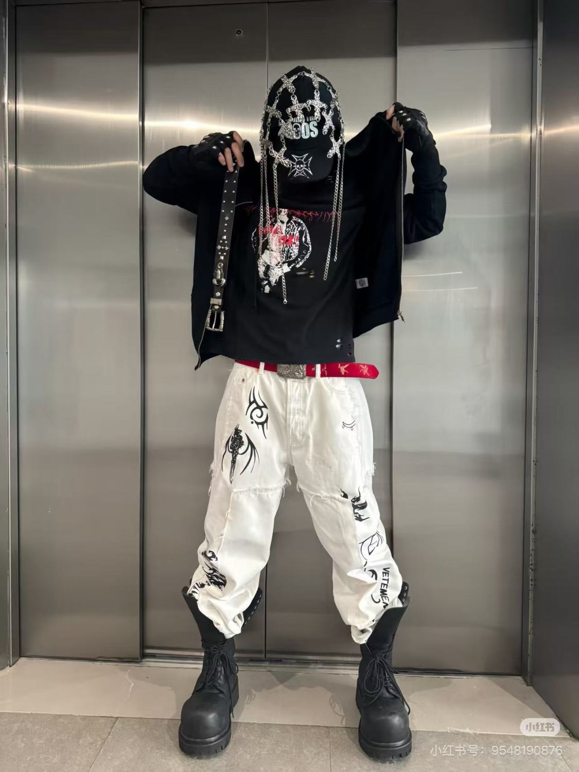 Vetements Men's High Street Vintage Show Co-branded Opium Deconstructed Splicing Tattoo Print White Denim Pants Fashion Trend Casual Pants Ngvp #2446