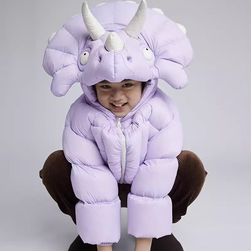 Kid's Autumn And Winter Solid Color Triceratops Jacket Thickened Short Zipper Loose Hooded Puffer Down Jacket #31322