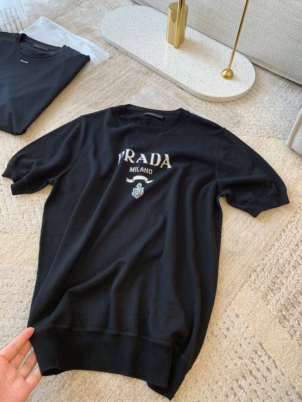 Prada Men's Summer Dark Blue Letter Print Round Neck Cotton Short Sleeve T-Shirt #99512