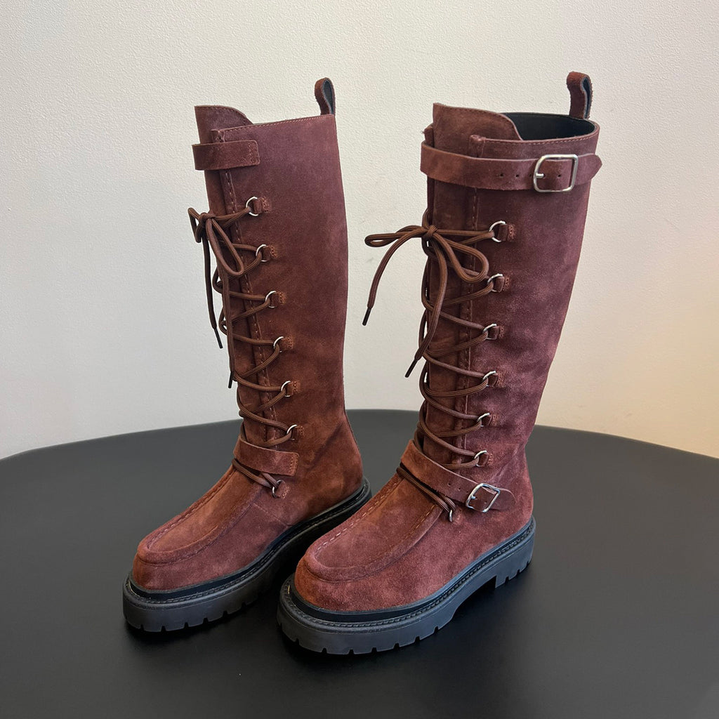 Hermes Women's Fall/Winter Cowhide Suede Lace-Up Knee-High Boots Solid-Color Buckle Casual Shoes Riding Boots Ngvp #2327