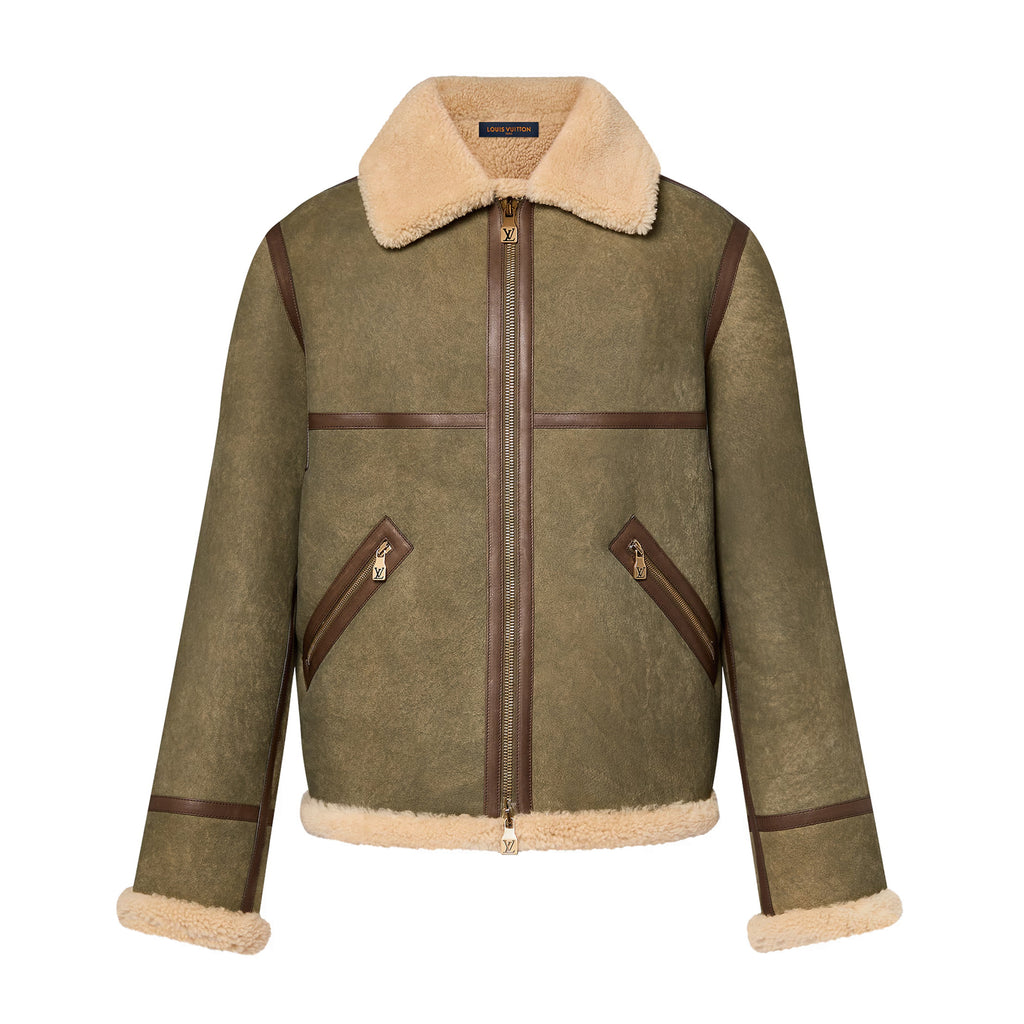 Louis Vuitton Men's Autumn and Winter Green Sheep Leather Patchwork Fur Collar Zipper Casual Long Sleeve Jacket #73367