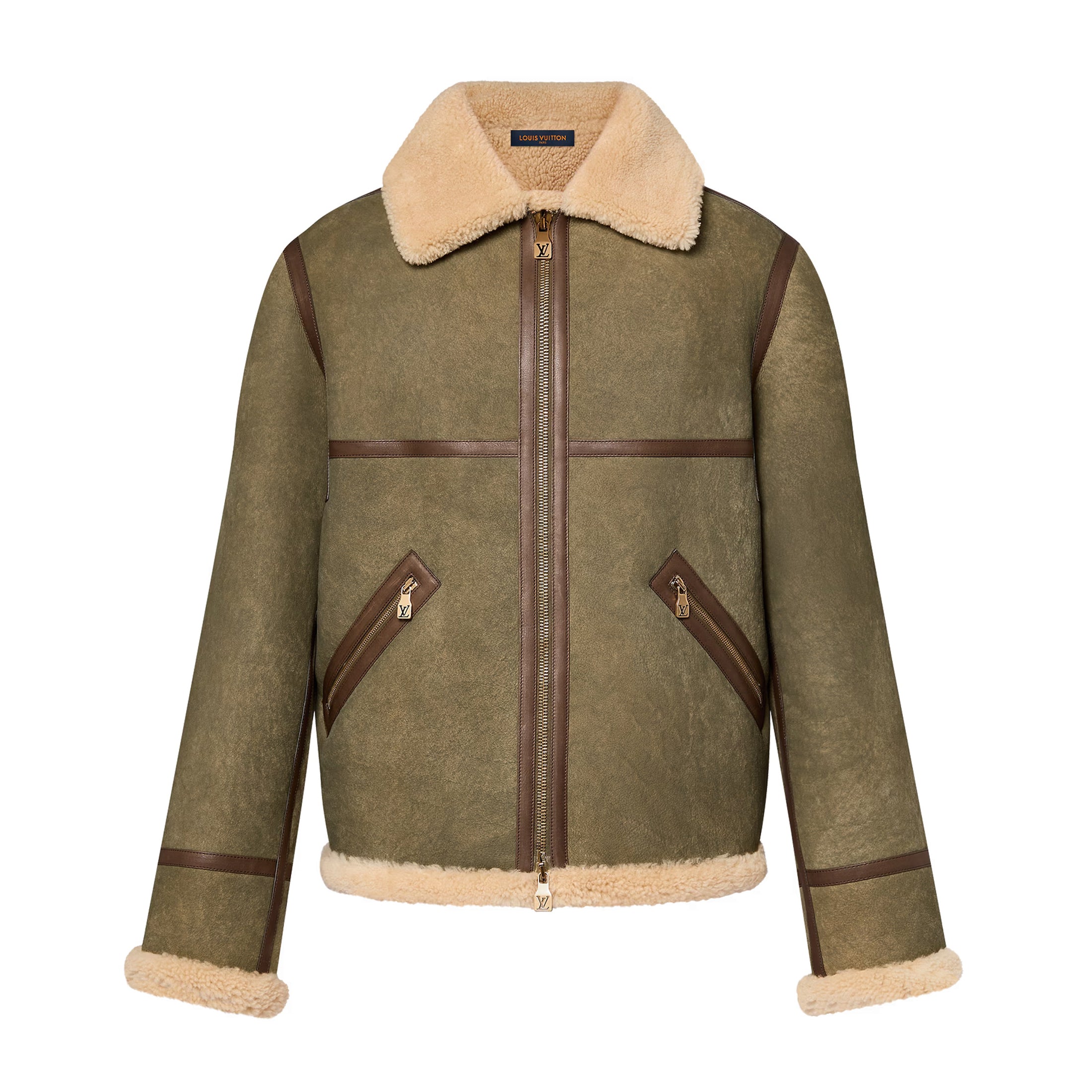 Louis Vuitton Men's Autumn and Winter Green Sheep Leather Patchwork Fur Collar Zipper Casual Long Sleeve Jacket #73367