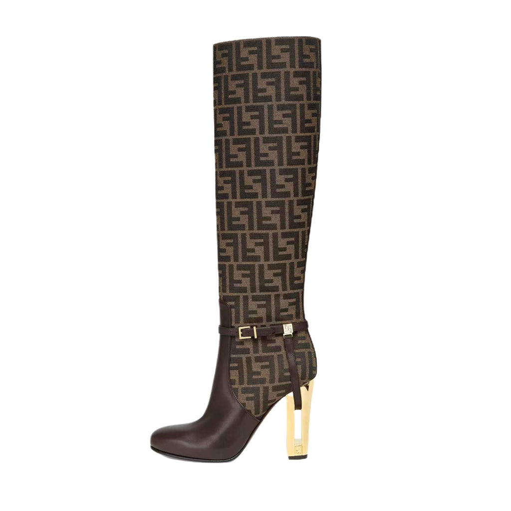 Fendi Women's Fall/Winter Fashion Classic Round Toe Leather FF Jacquard Fabric High Heel Knee High Boots Shoes #79223
