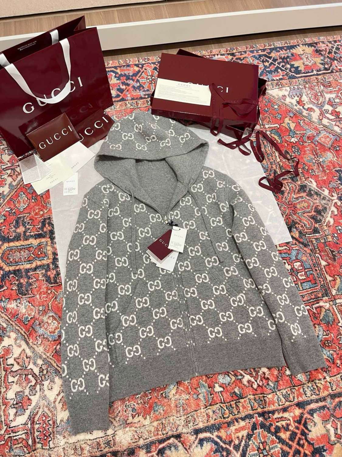 Gucci Men's Autumn and Winter Gray Full Printed Reversible Hooded Zipper Long Sleeve Jacket #74292