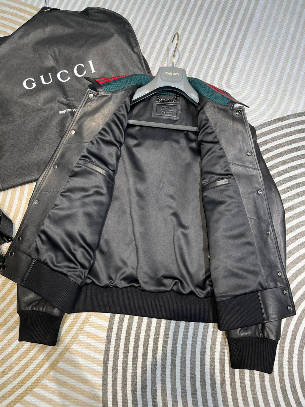 Gucci Men's Fall/Winter Striped Lapel Single Breasted Fitted Long Sleeve Black Leather Jacket Coat #99964