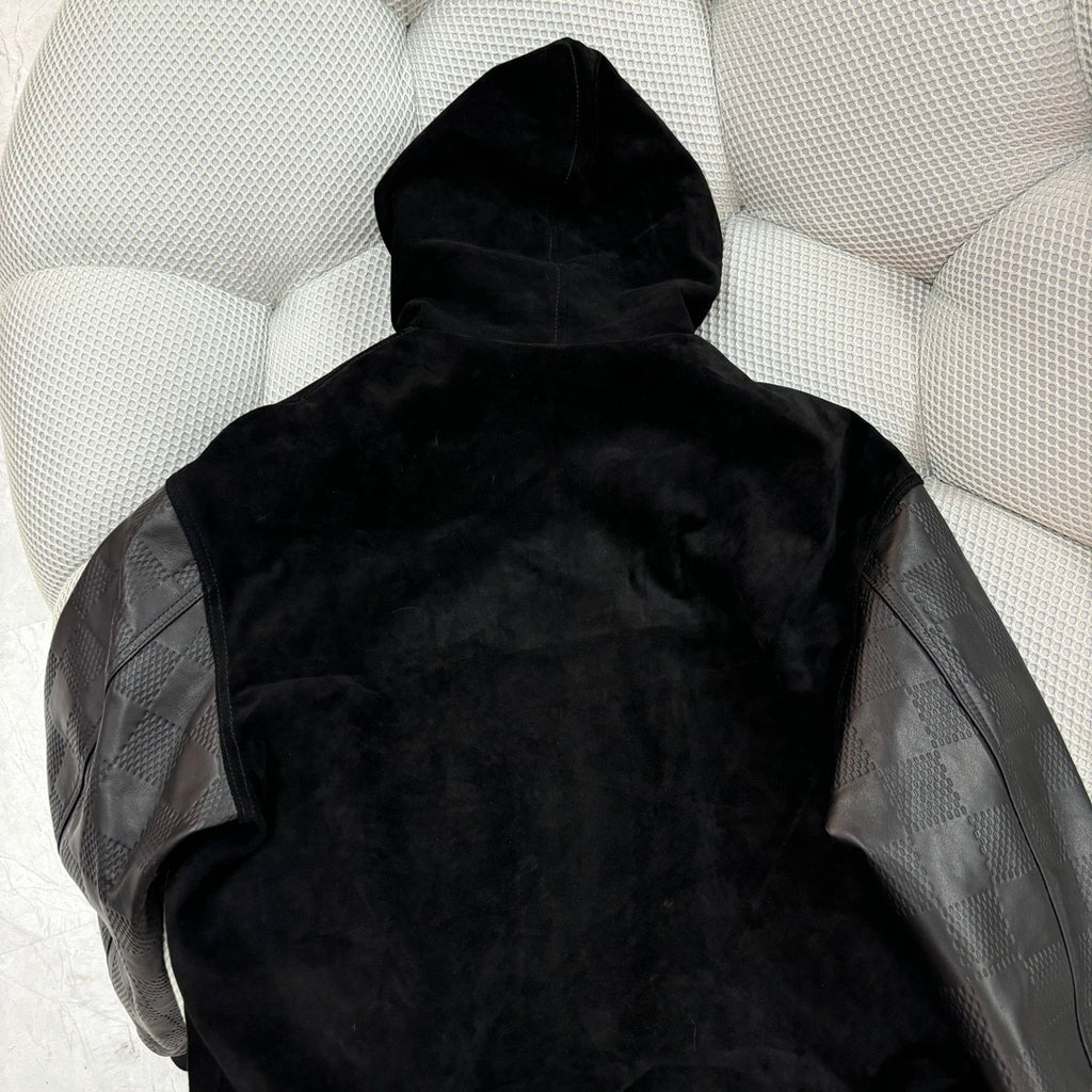 Louis Vuitton Men's Fall And Winter Black Suede Patchwork Hooded Drawstring Zipper Long Sleeve Jacket #73125
