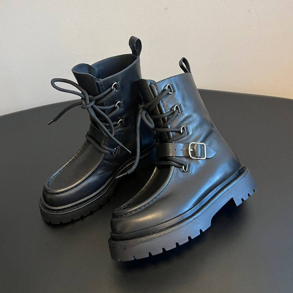 Hermes Women's Fall/Winter Land Ankle Boots Solid-Color Cowhide Lace-Up Short Boots Outdoor Boots Heel Height: 3.5cm Shoes Ngvp #2325