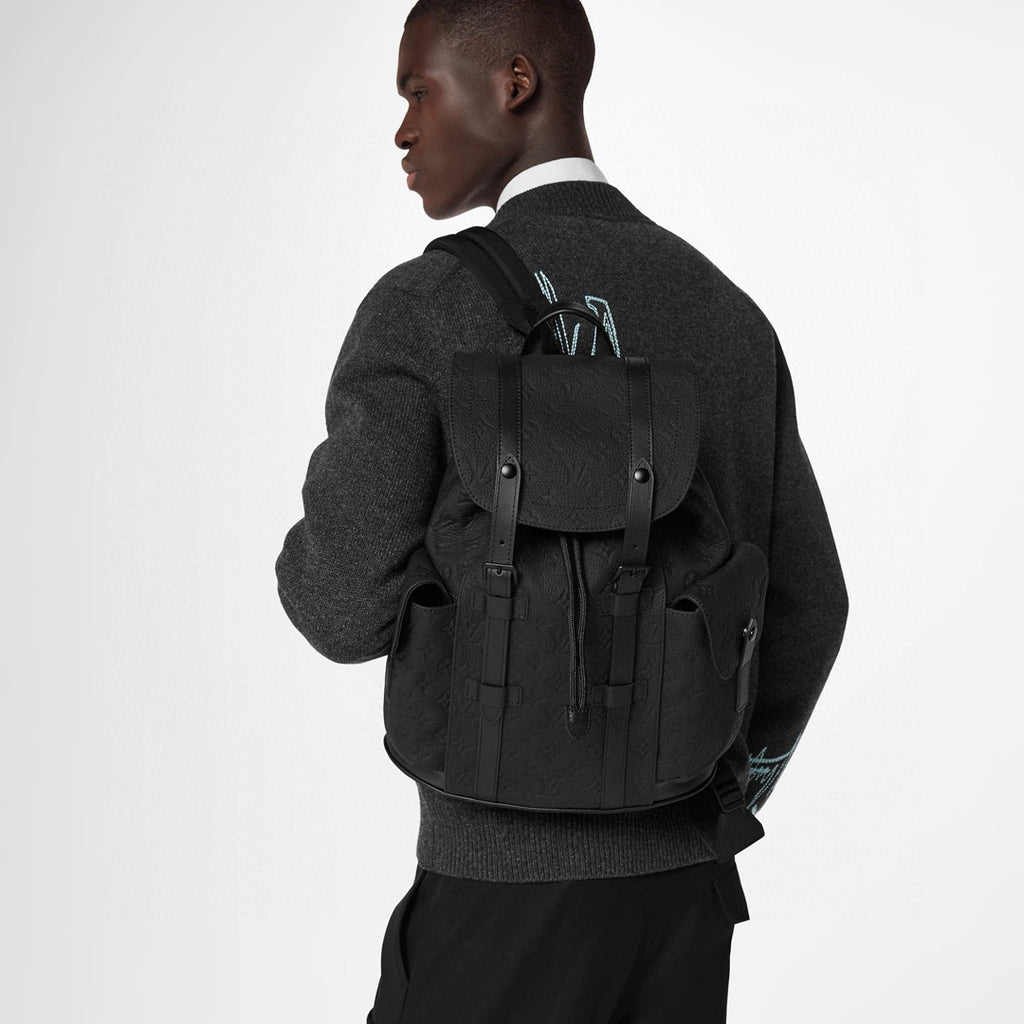 Louis Vuitton CHRISTOPHER Men's Black Dark Logo Printed Drawstring Flap Closure Cowhide Leather Backpack Shoulder Bag Bags #75563