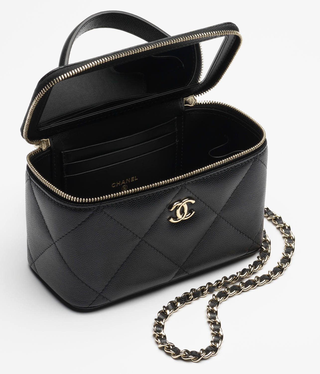 Chanel Long Vanity With Chain Grained Shiny Calfskin Gold Tone Metal Black #332777