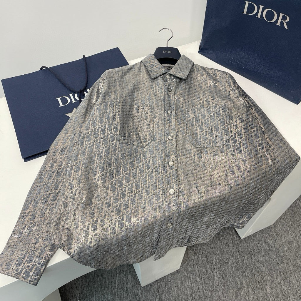 Dior Men's Autumn And Winter Grey Logo Full Print Old Single-Breasted Long-Sleeved Shirt Pants Suit Set #97715