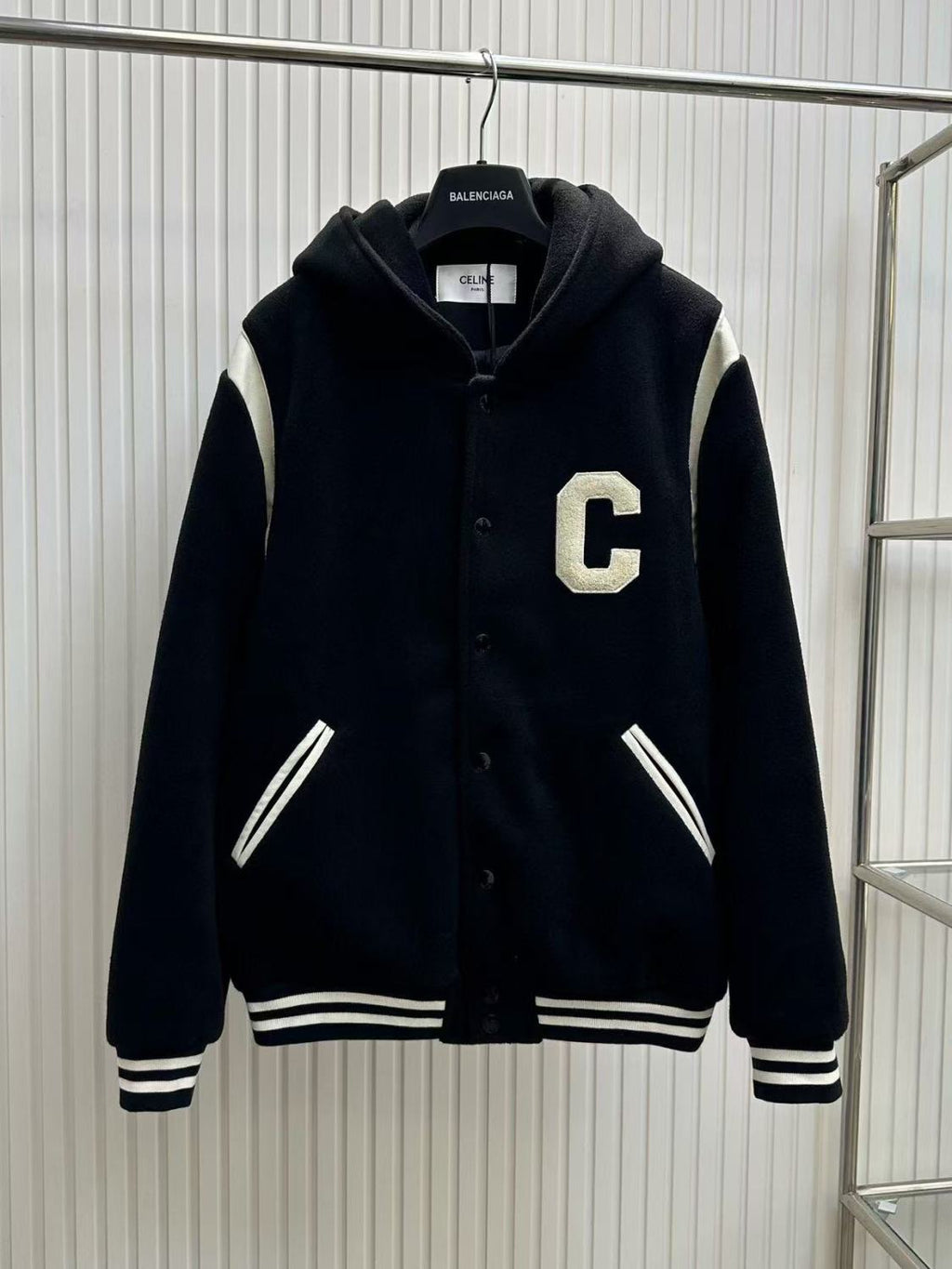 Celine Men's Spring And Autumn Colour Blocking Casual Single-breasted Jacket Logo Wool Blend Hooded Baseball Coat Jacket #71844