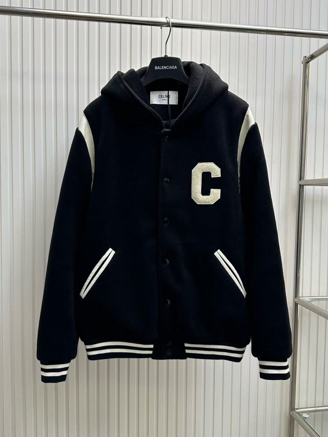 Celine Men's Spring And Autumn Colour Blocking Casual Single-breasted Jacket Logo Wool Blend Hooded Baseball Coat Jacket #71844