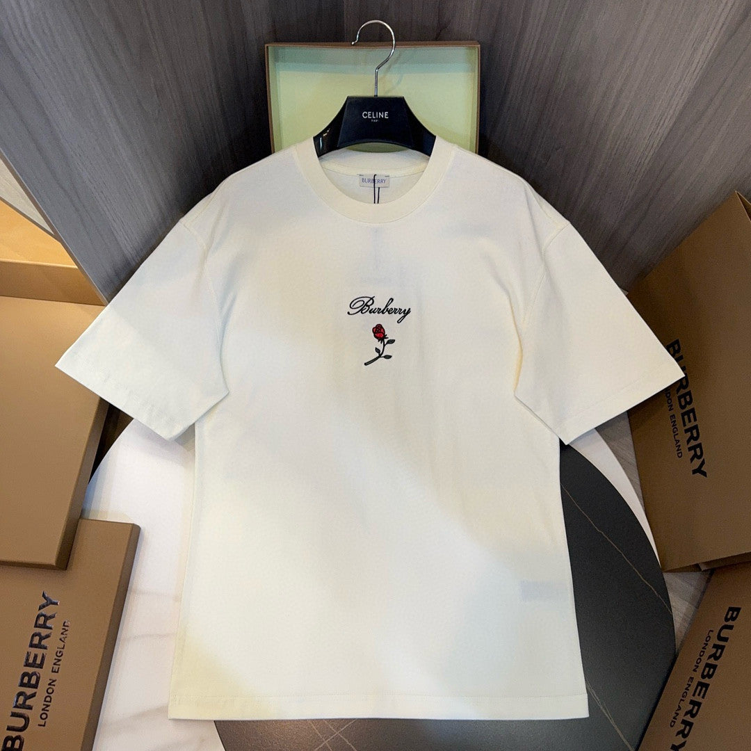 Burberry Men's Women's Summer Letter Floral Embroidery Cotton Round Neck Solid Color Short Sleeve T-Shirt #76328