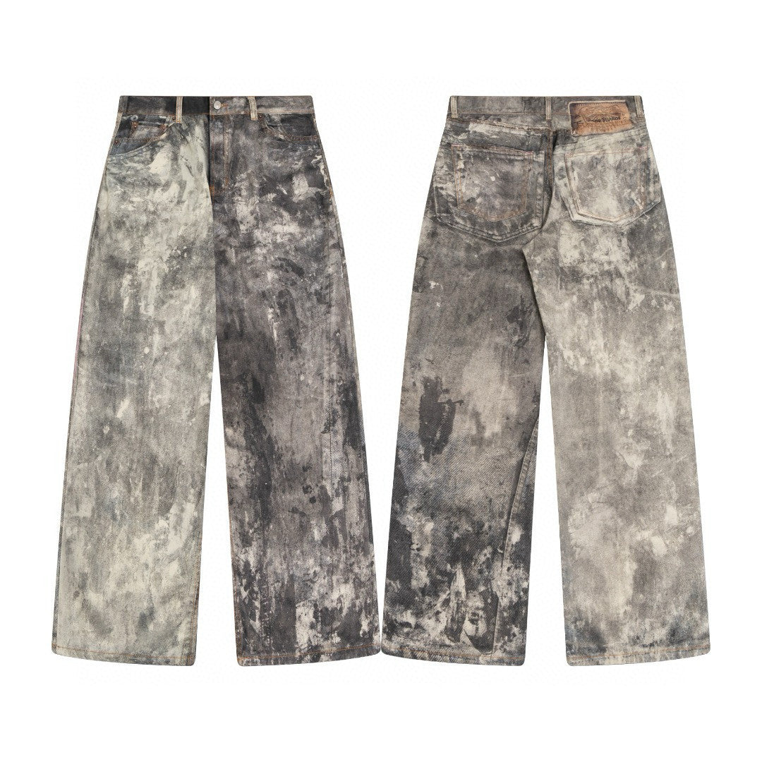 Acne Studios Men's Fall/Winter Ink Splash Print Low Rise Wide Leg Loose Button Jeans Pants #72142
