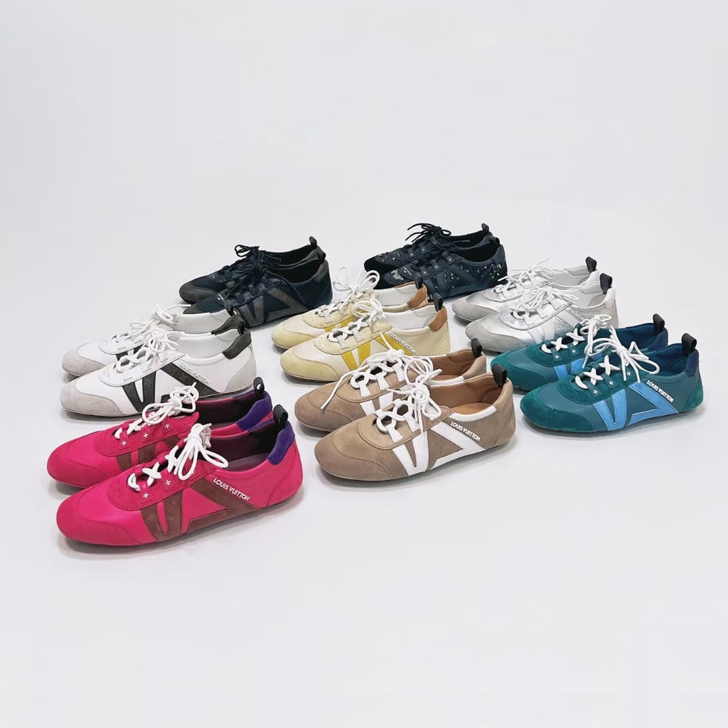 Louis Vuitton SNEAKERINA Women's Four Seasons Colorblocking Round Toe Lace Up Sheepskin Low Top Ballet Derby Shoes #76465