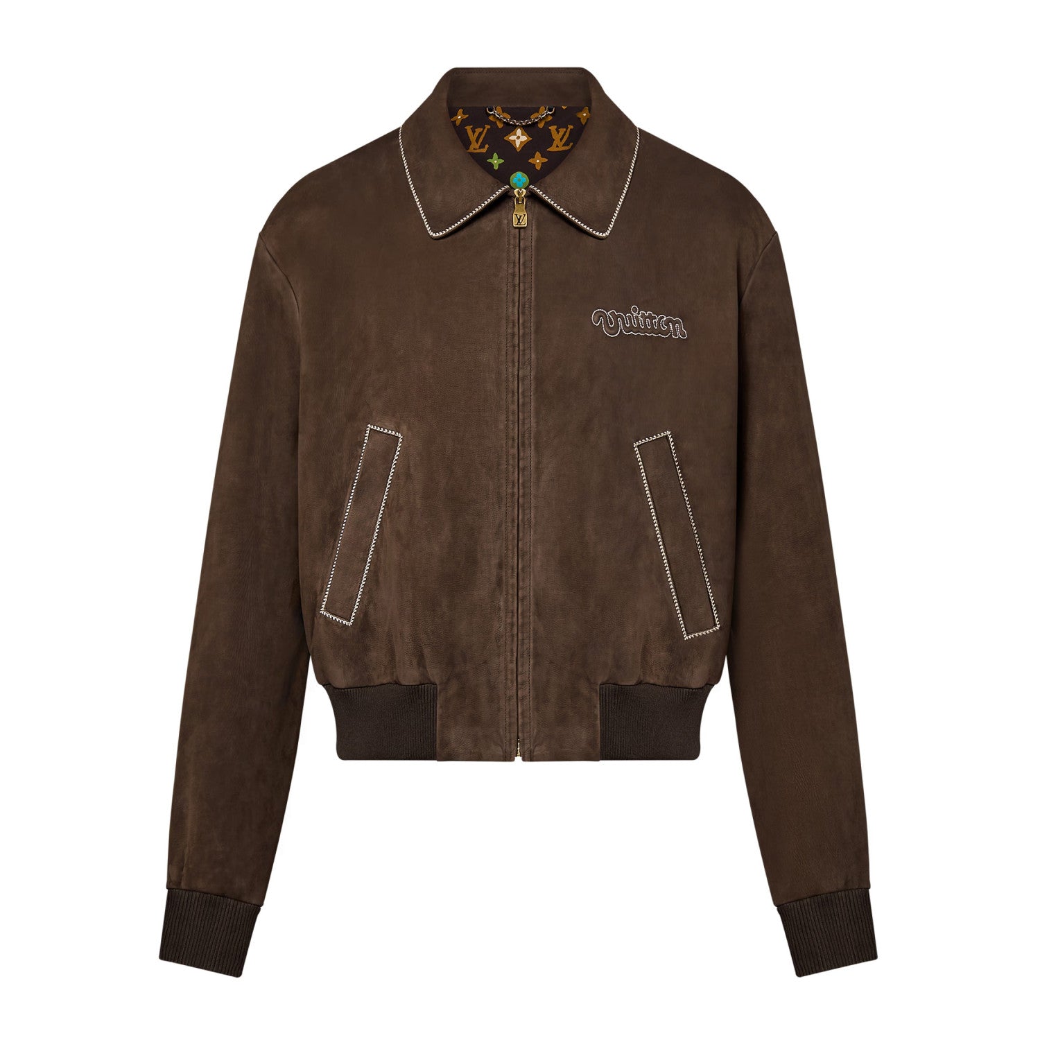 Louis Vuitton Men's Fall and Winter Brown Letter Zipper Lapel Casual Pilot Leather Long Sleeve Jacket #72671