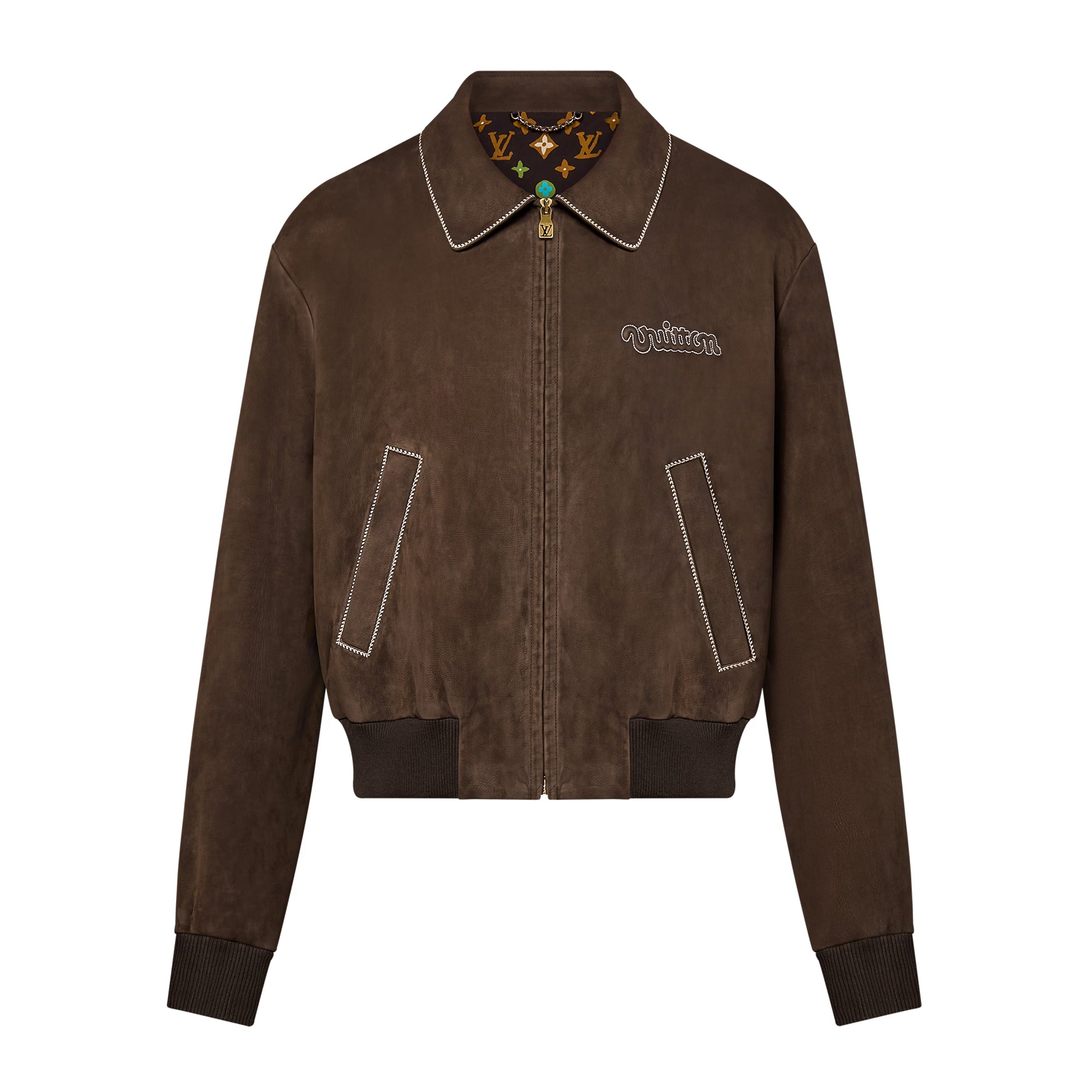 Louis Vuitton Men's Fall and Winter Brown Letter Zipper Lapel Casual Pilot Leather Long Sleeve Jacket #72671