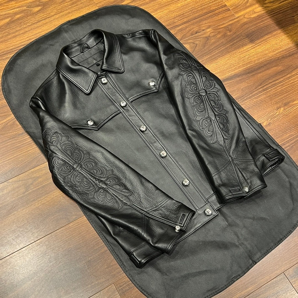 Chrome Hearts Men's Autumn and Winter Solid Color Cow Leather Single Breasted Long Sleeve Jacket #73972