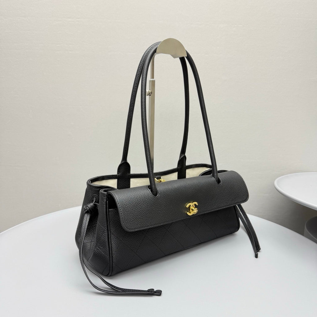 Chanel Small Shopping Bag Grained Calfskin Gold-tone Metal Black #380058