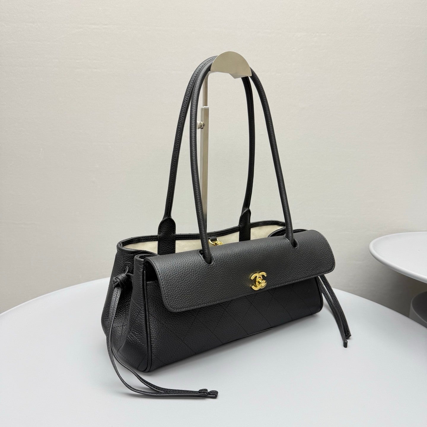 Chanel Small Shopping Bag Grained Calfskin Gold-tone Metal Black #380058
