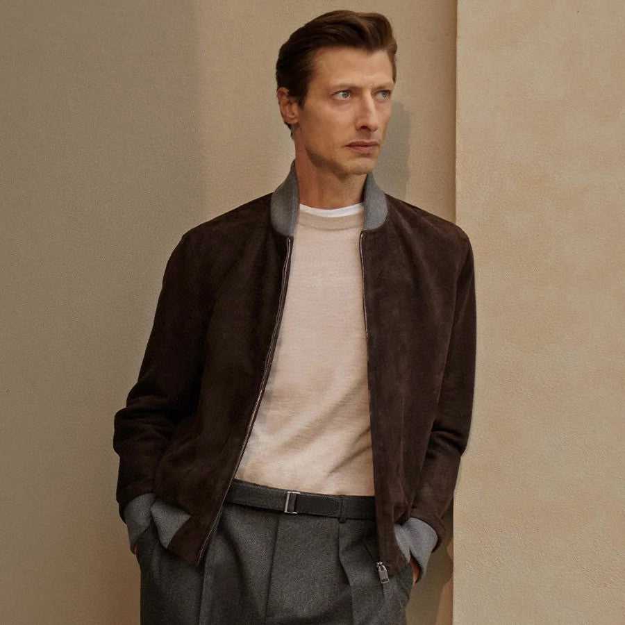 Brioni Men's Fall/Winter Fashion Casual Crew Neck Zipper Color Blocked Suede Jacket #79134