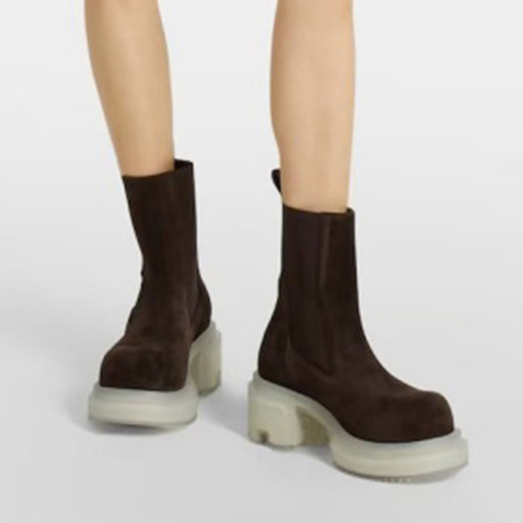Rick Owens Men's Fall And Winter Elastic Thick Bottom Boots Round Head Suede Short Boots 7cm Fashion Trend Cowhide Mid-calf Shoes Ngvp #2466