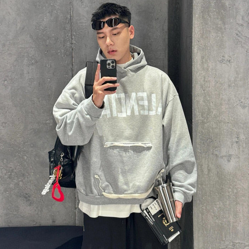 Balenciaga Men's Spring and Autumn Gray Letter Logo Printed Hooded Long Sleeve Sweatshirt Pullover #73489