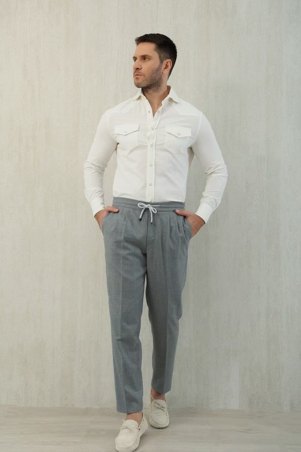 Brunello Cucinelli Men's Spring And Fall Cotton Lapel Solid Color Single-Breasted Chest Pocket Long Sleeve Fitted Shirt Ngvp #1557