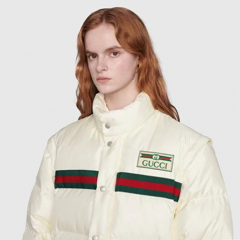 Gucci Men's And Women's Winter Fashion Casual High Neck Single Button Red Green Striped Webbing Contrast Collar Detachable Sleeves Down Jacket #79374